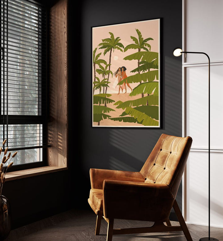 Tropical Paradise By Andi Bell Beach Prints in Black Plain Frame on a grey wall placed beside an orange sofa