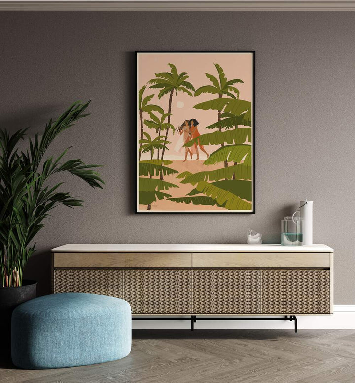 Tropical Paradise By Andi Bell Beach Prints in Black Plain Frame on a brown wall placed above a console table