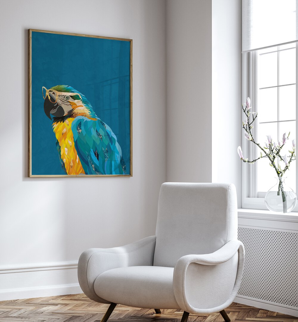 Tropical Parrot With Glasses By Sarah Manovski Wildlife Art Print placed on wall 