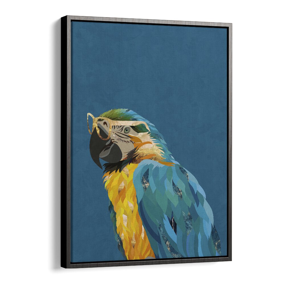 Tropical Parrot With Glasses By Sarah Manovski Wildlife Art Print in Black Floater Frame