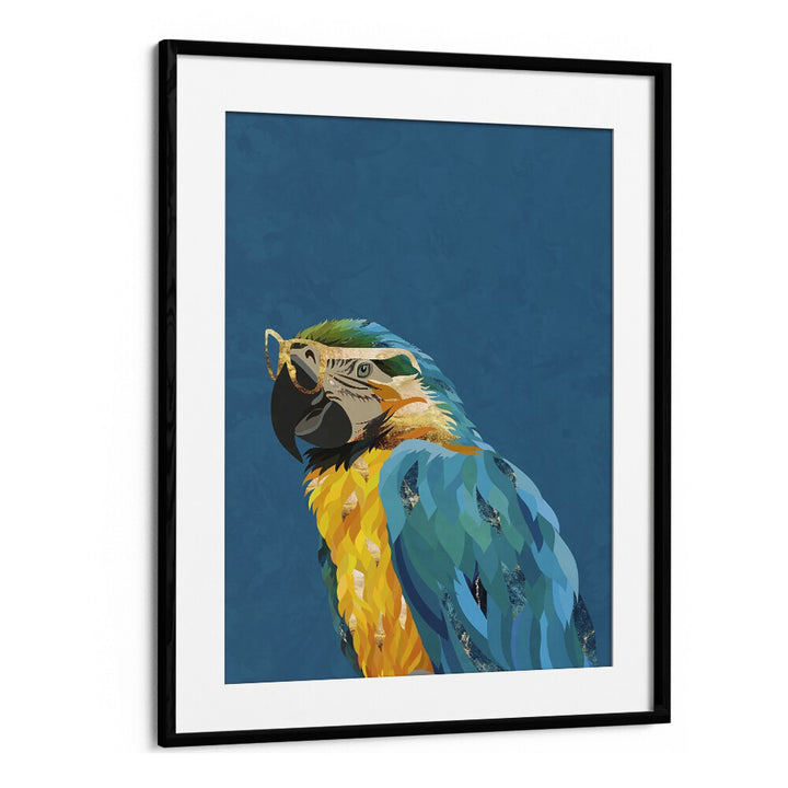 Tropical Parrot With Glasses By Sarah Manovski Wildlife Art Print in Black Frame With Mount