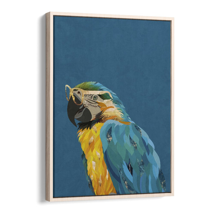 Tropical Parrot With Glasses By Sarah Manovski Wildlife Art Print in Oak Wood Floater Frame