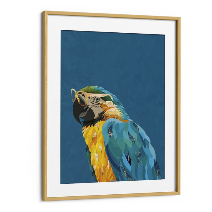 Tropical Parrot With Glasses By Sarah Manovski Wildlife Art Print in Oak Wood Frame With Mount