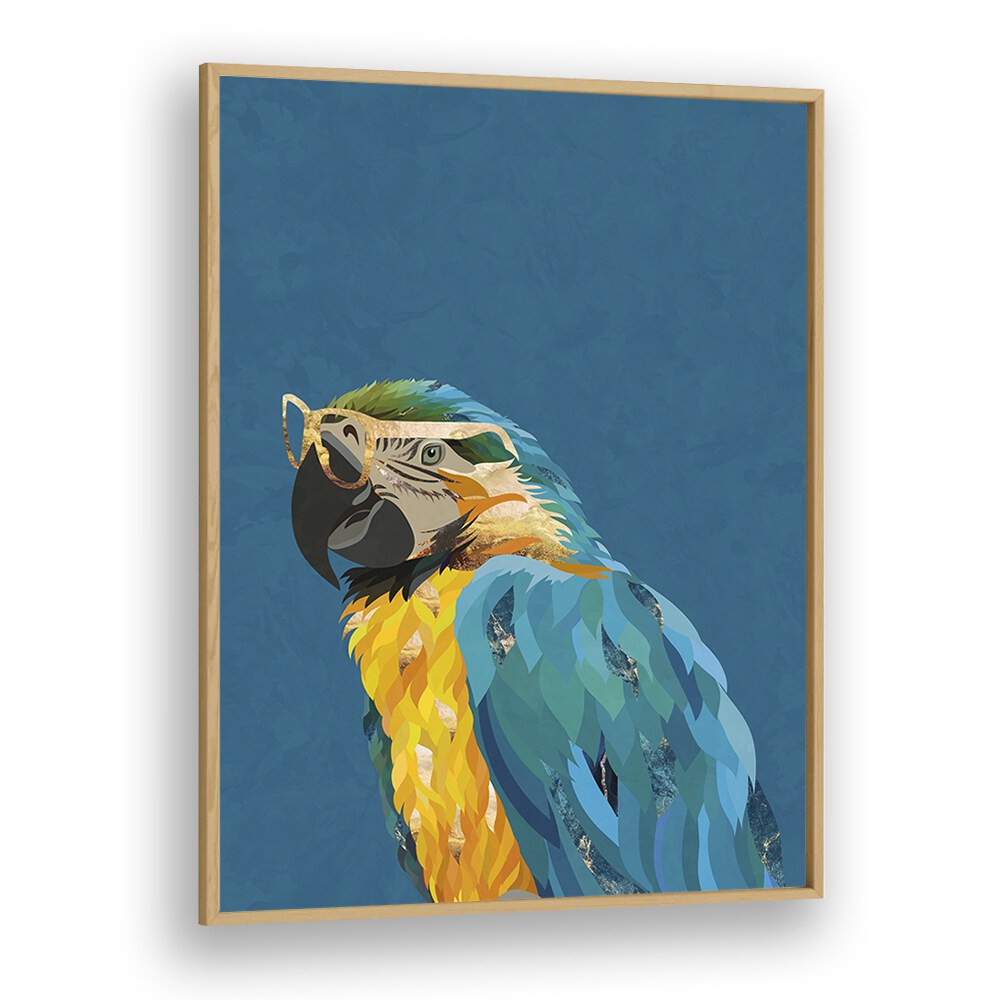 Tropical Parrot With Glasses By Sarah Manovski Wildlife Art Print in Oak Wood Plain Frame