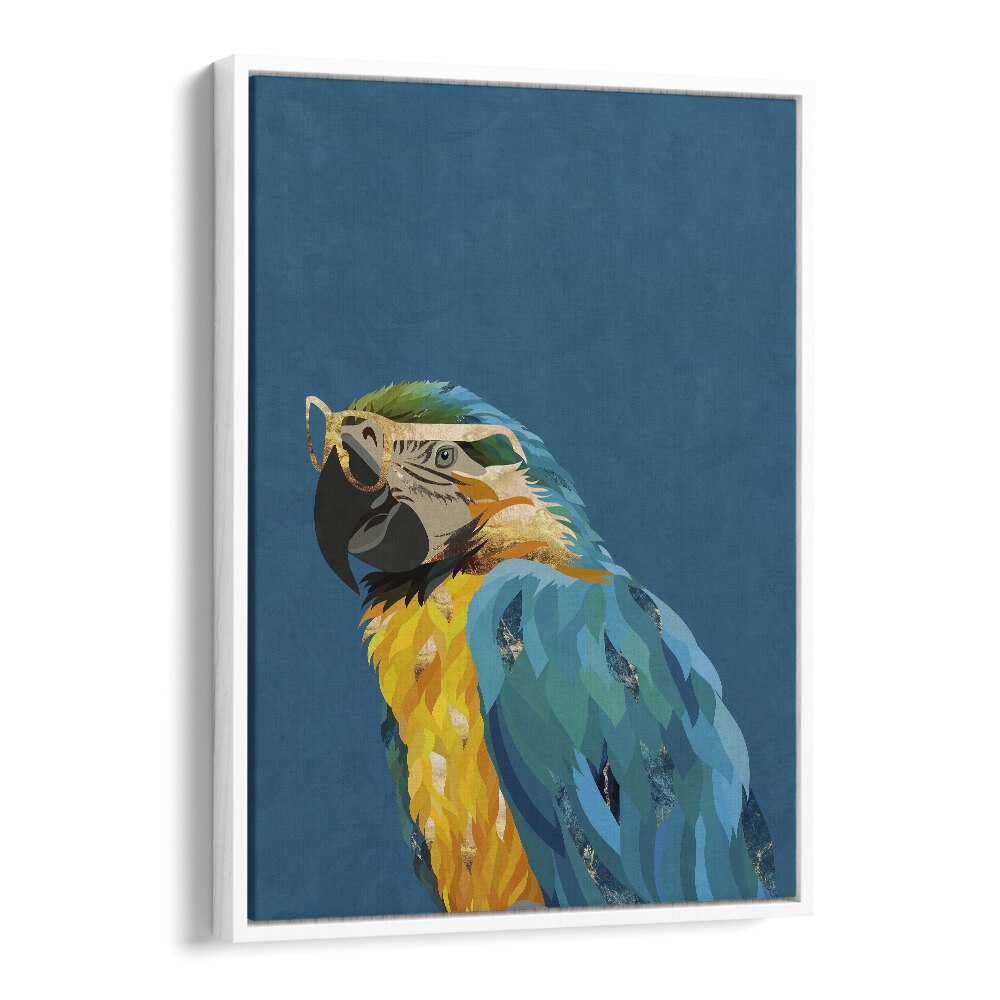 Tropical Parrot With Glasses By Sarah Manovski Wildlife Art Print in White Floater Frame