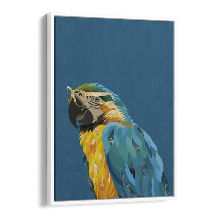 Tropical Parrot With Glasses By Sarah Manovski Wildlife Art Print in White Floater Frame