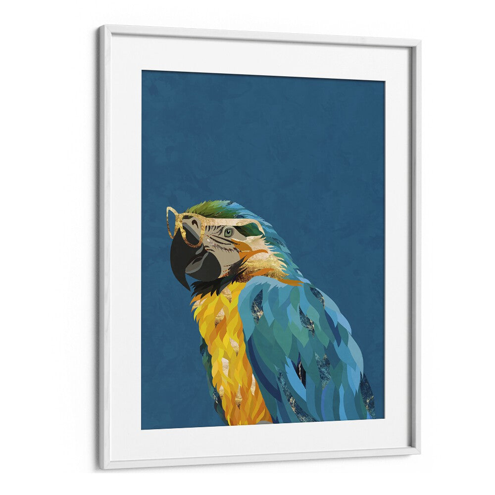 Tropical Parrot With Glasses By Sarah Manovski Wildlife Art Print in White Frame With Mount