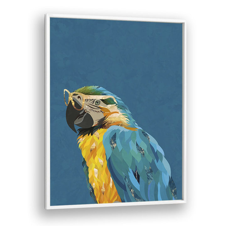 Tropical Parrot With Glasses By Sarah Manovski Wildlife Art Print in White Plain Frame