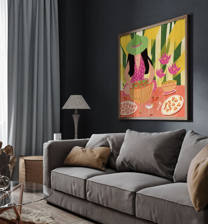 Tropical Picnic by Shriya Bhattacharya Women Illustration in Black Plain Frame behind a sofa for living room