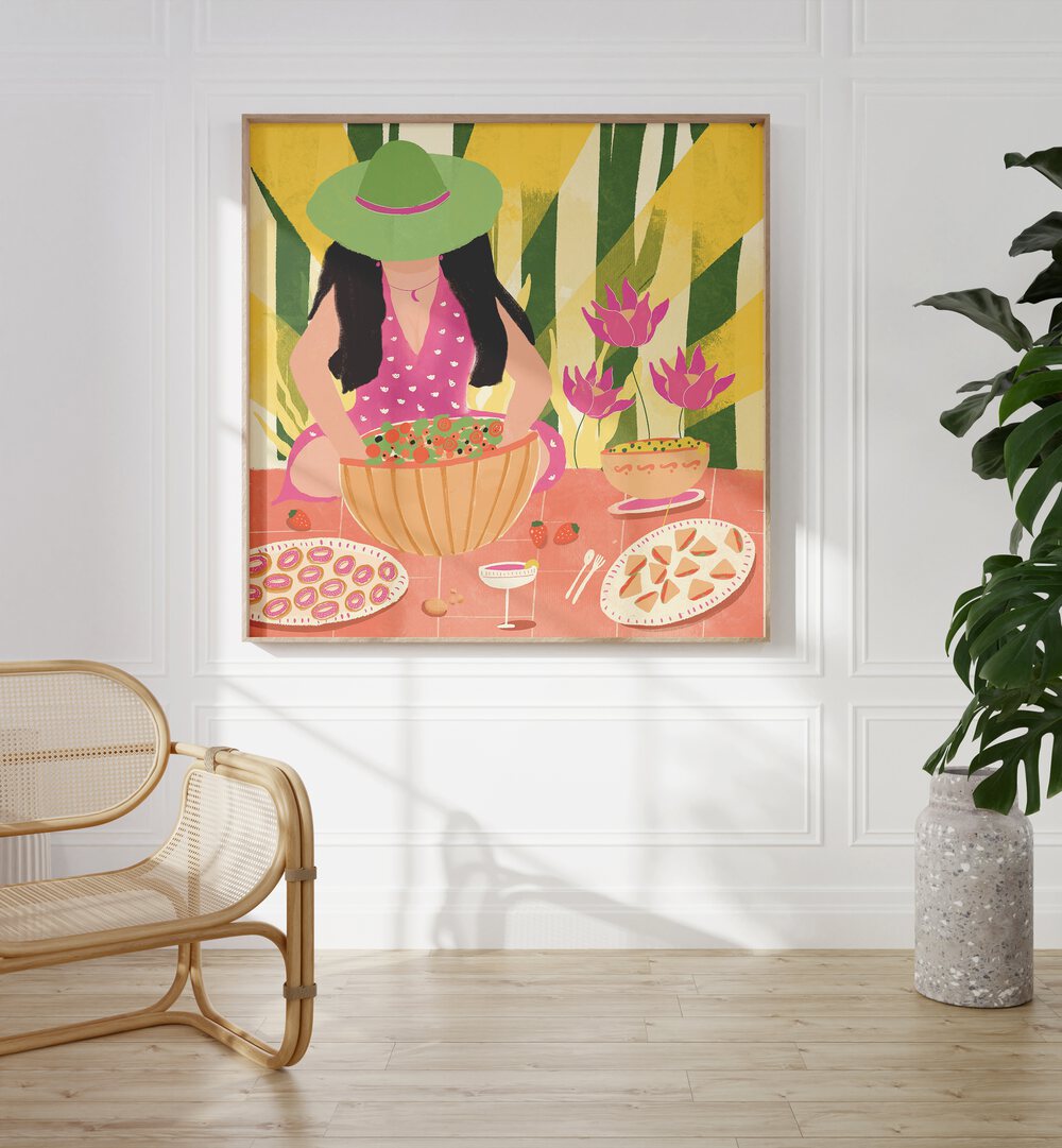 Tropical Picnic by Shriya Bhattacharya Women Illustration in Oak Wood Plain Frame on a white wall beside a plant