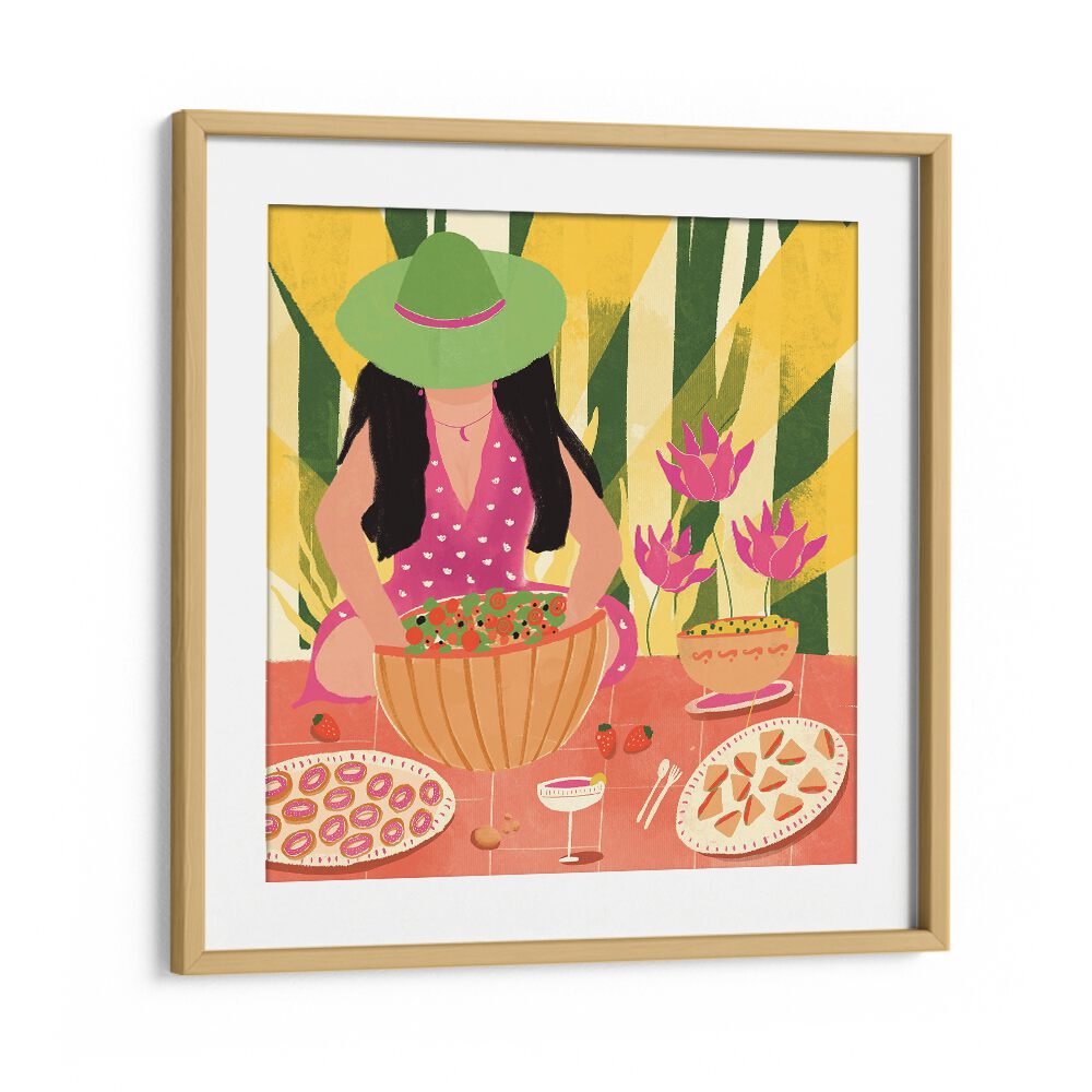 Tropical Picnic by Shriya Bhattacharya Women Illustration in Oak Wood Frame With Mount