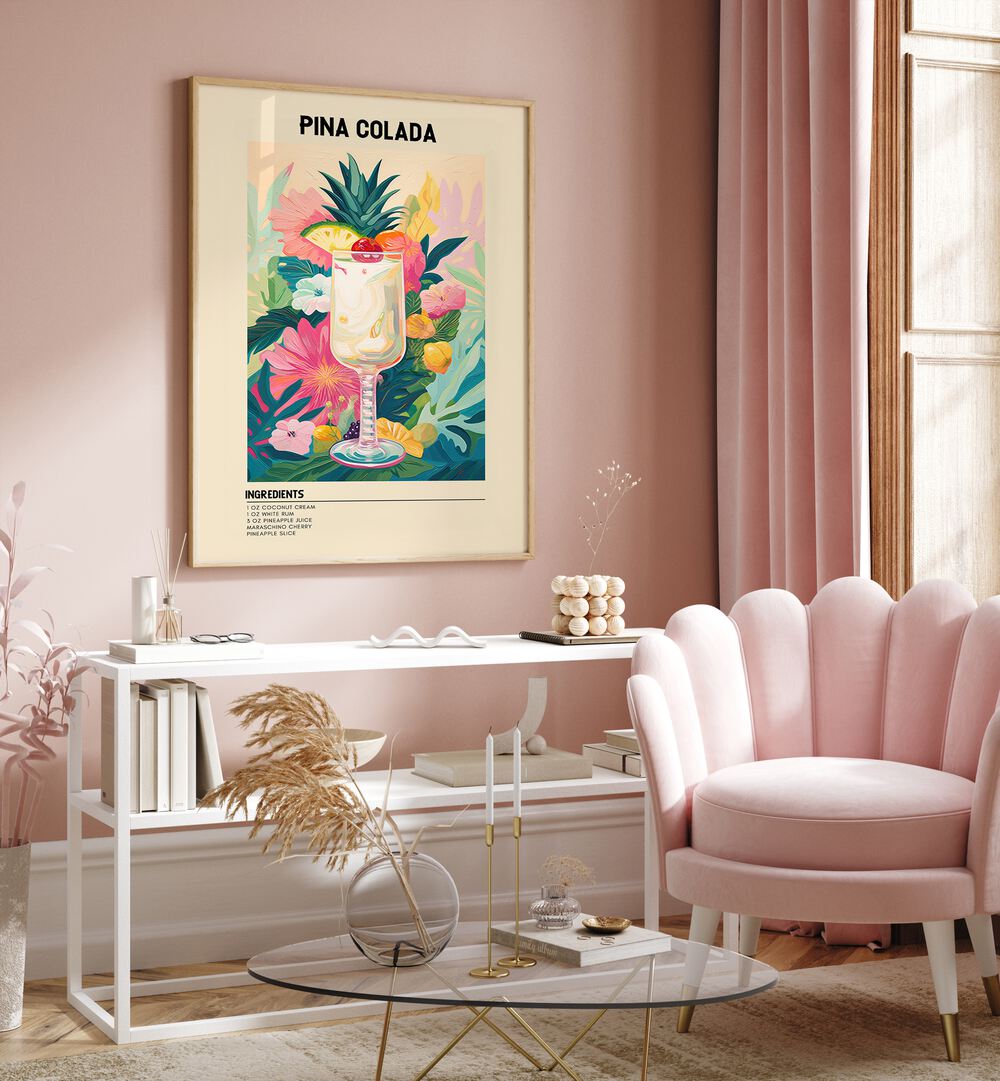 Tropical Pina Colada Cafe Art Prints Cafe Posters in Oak Wood Plain Frame placed on a wall behind a table