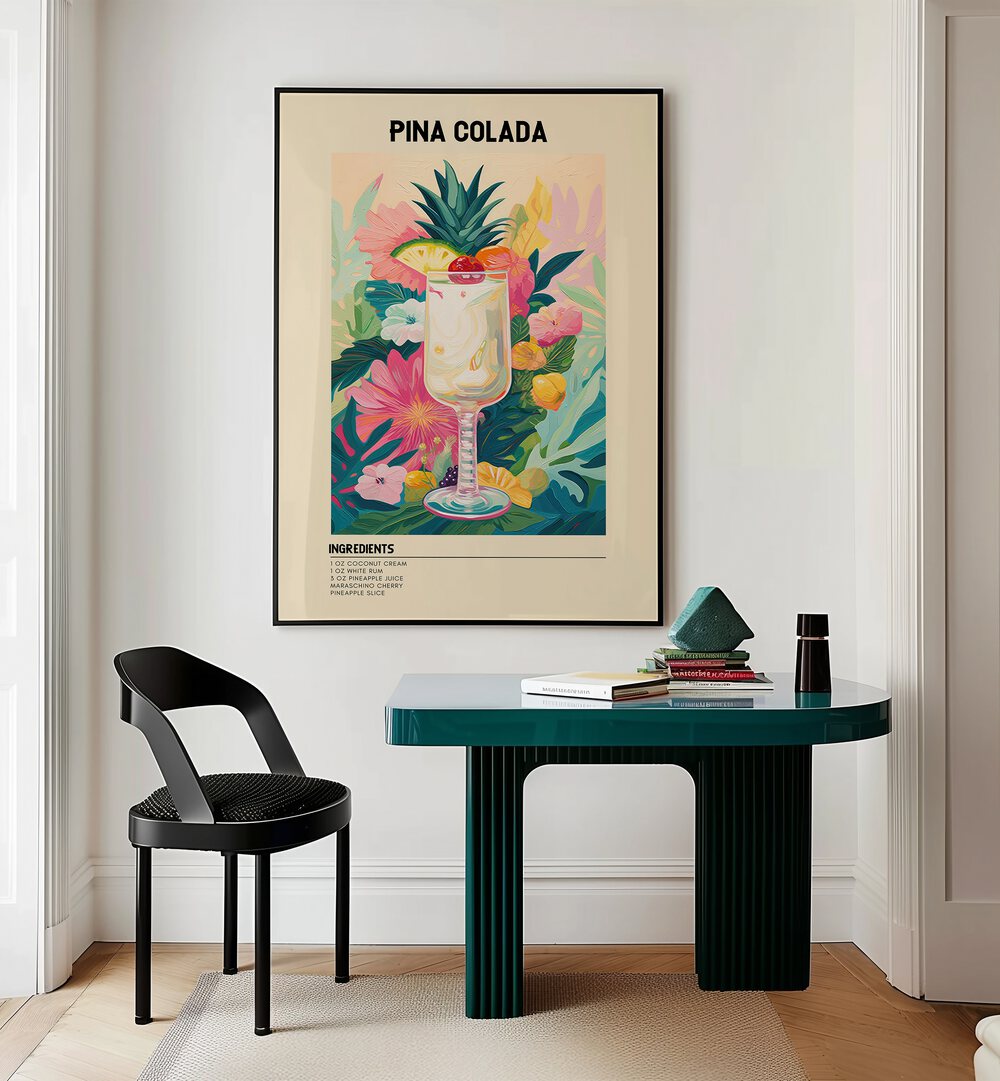 Tropical Pina Colada Cafe Art Prints Cafe Posters in Black Plain Frame placed on a wall behind a study table