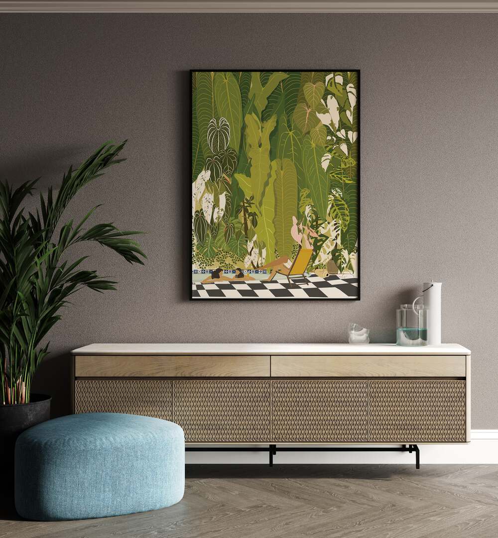 Tropical Pool By Andi Bell Beach Prints in Black Plain Frame on a beige wall placed above a console table