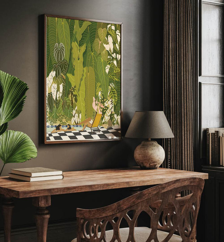 Tropical Pool By Andi Bell Beach Prints in Dark Wood Plain Frame on a grey wall placed above a study table