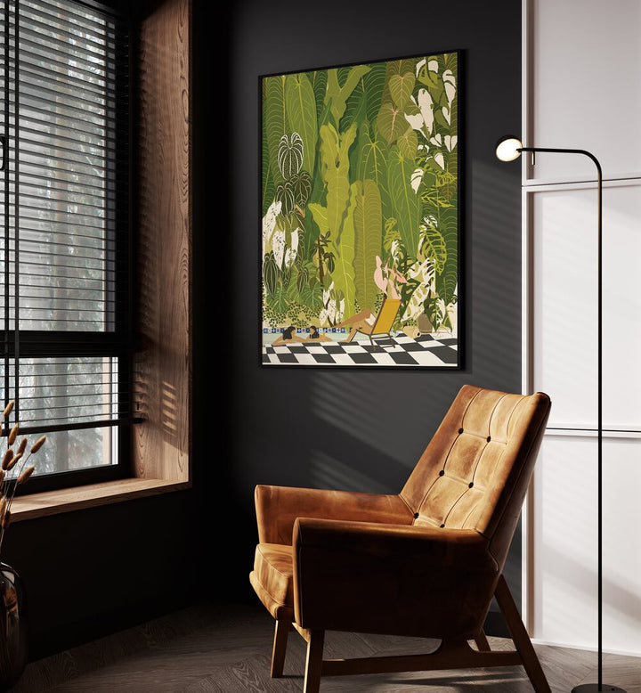 Tropical Pool By Andi Bell Beach Prints in Black Plain Frame on a grey wall placed beside an orange sofa