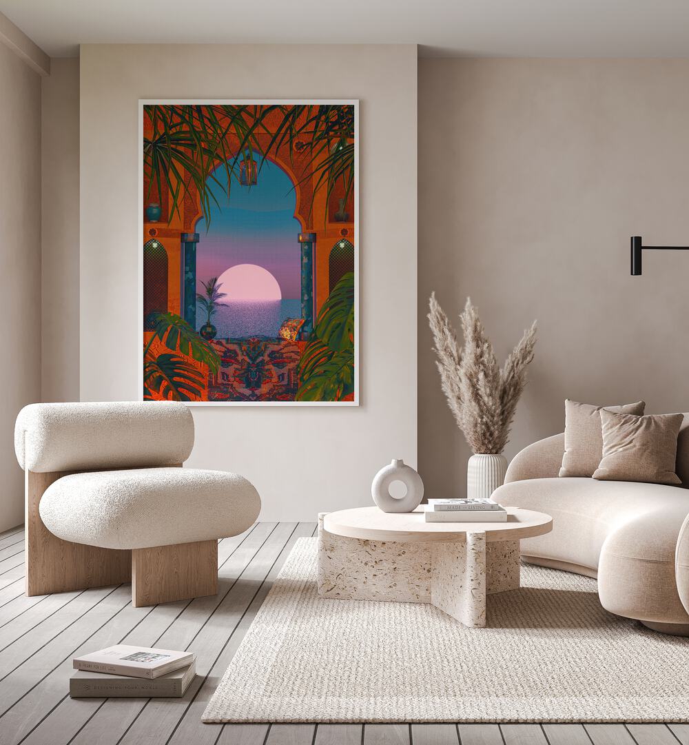 Tropical Portal By Cosmo Zach Surreal Art Prints Surrealism in White Plain Frame placed on the wall behind a sofa