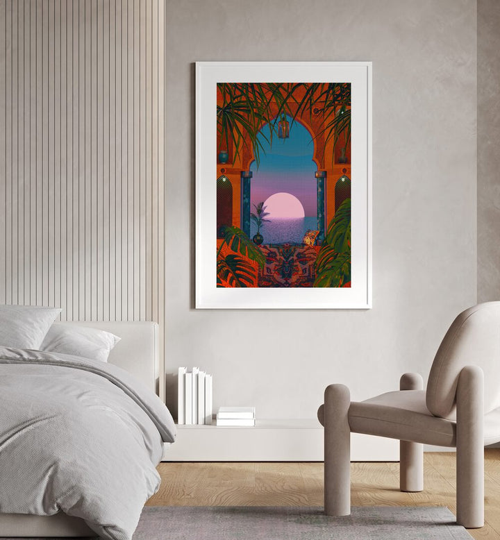 Tropical Portal By Cosmo Zach Surreal Art Prints Surrealism in White Frame With Mount placed on the wall beside a bed for bedroom