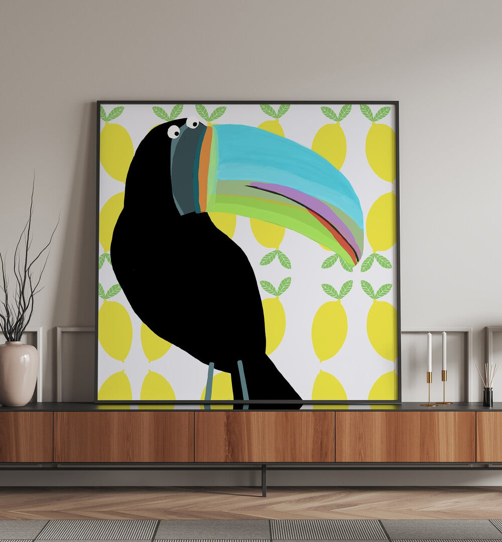 Tropical Toucan Bird With Lemon Pattern Background By Carla Daly Kids Room Art   placed on a wall