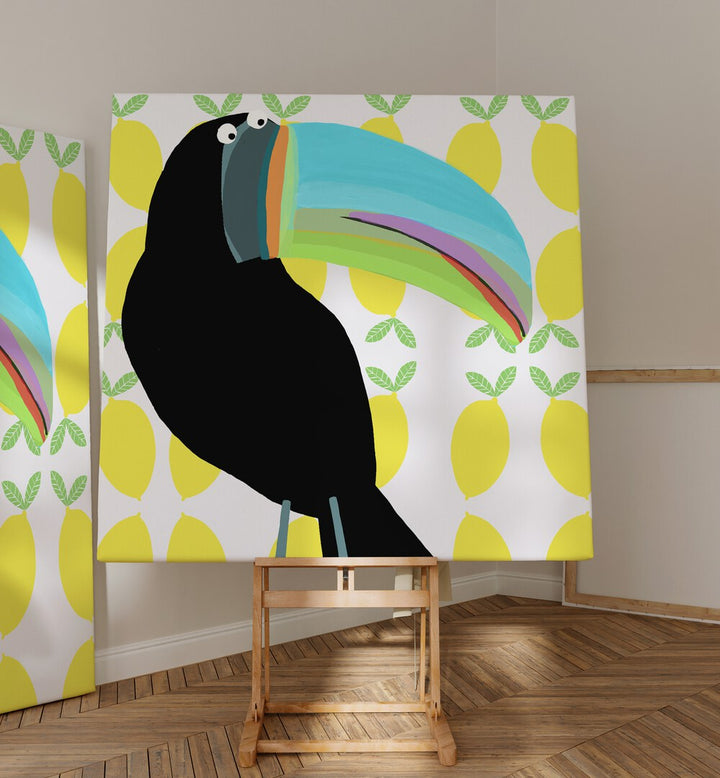 Tropical Toucan Bird With Lemon Pattern Background By Carla Daly Kids Room Art   placed on a wall