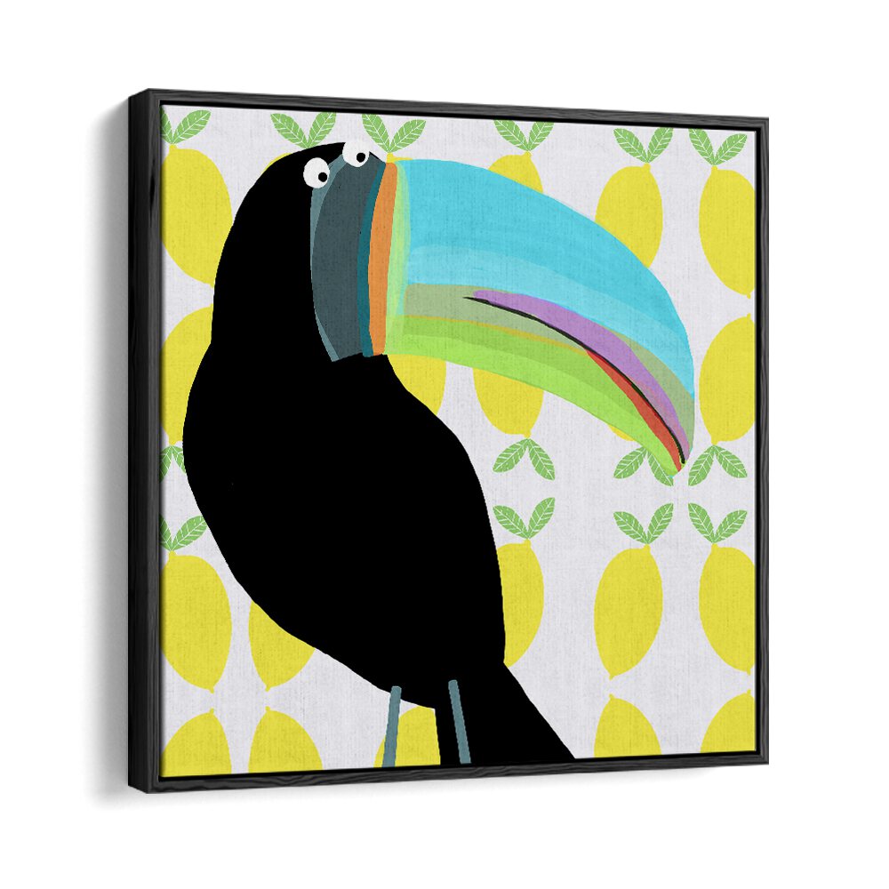 Tropical Toucan Bird With Lemon Pattern Background By Carla Daly Kids Room Art in Black Floater Frame