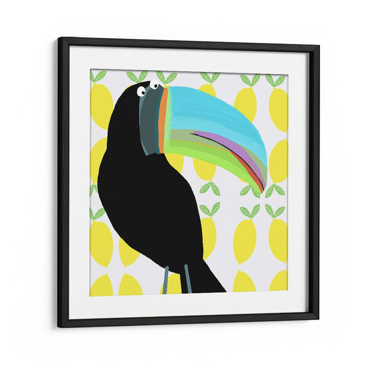 Tropical Toucan Bird With Lemon Pattern Background By Carla Daly Kids Room Art in Black Frame With Mount