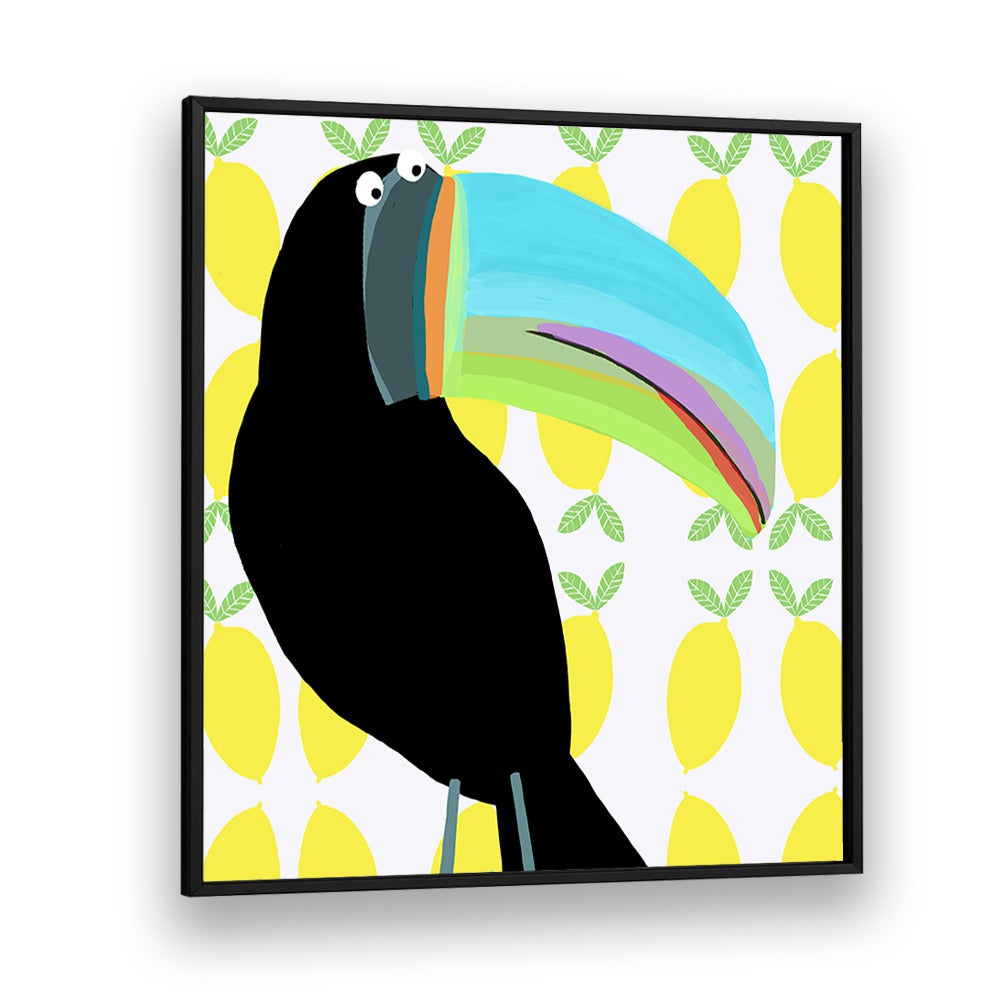 Tropical Toucan Bird With Lemon Pattern Background By Carla Daly Kids Room Art in Black Plain Frame