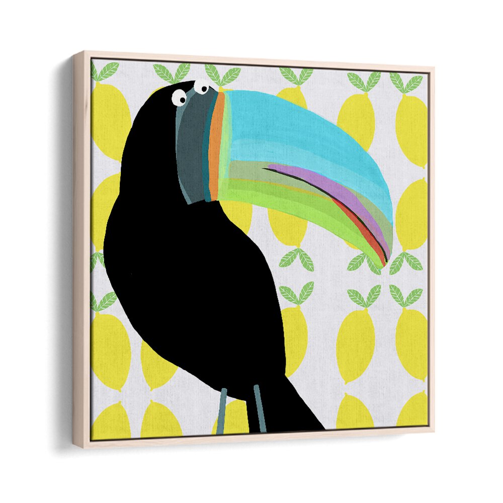 Tropical Toucan Bird With Lemon Pattern Background By Carla Daly Kids Room Art in Oak Wood Floater Frame