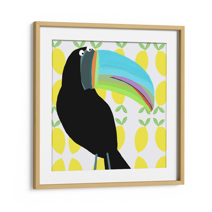 Tropical Toucan Bird With Lemon Pattern Background By Carla Daly Kids Room Art in Oak Wood Frame With Mount