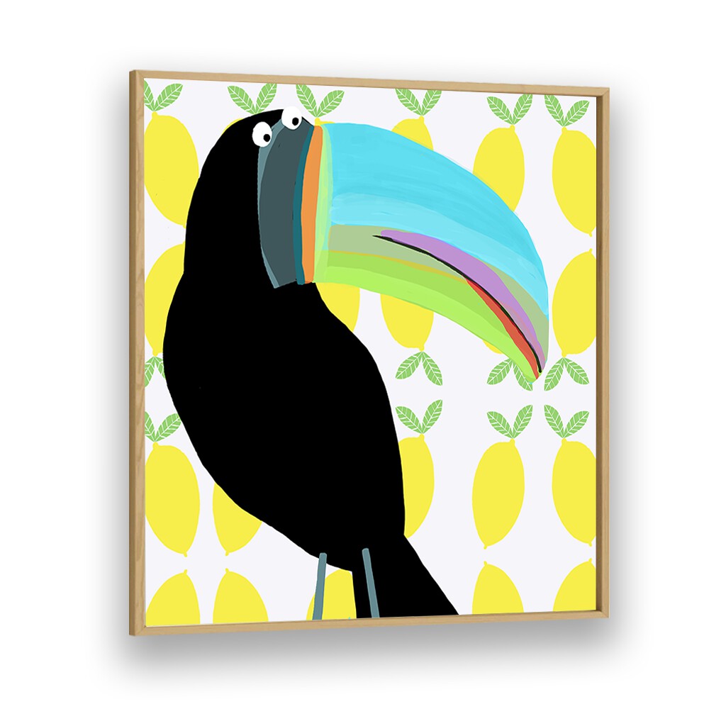 Tropical Toucan Bird With Lemon Pattern Background By Carla Daly Kids Room Art in Oak Wood Plain Frame