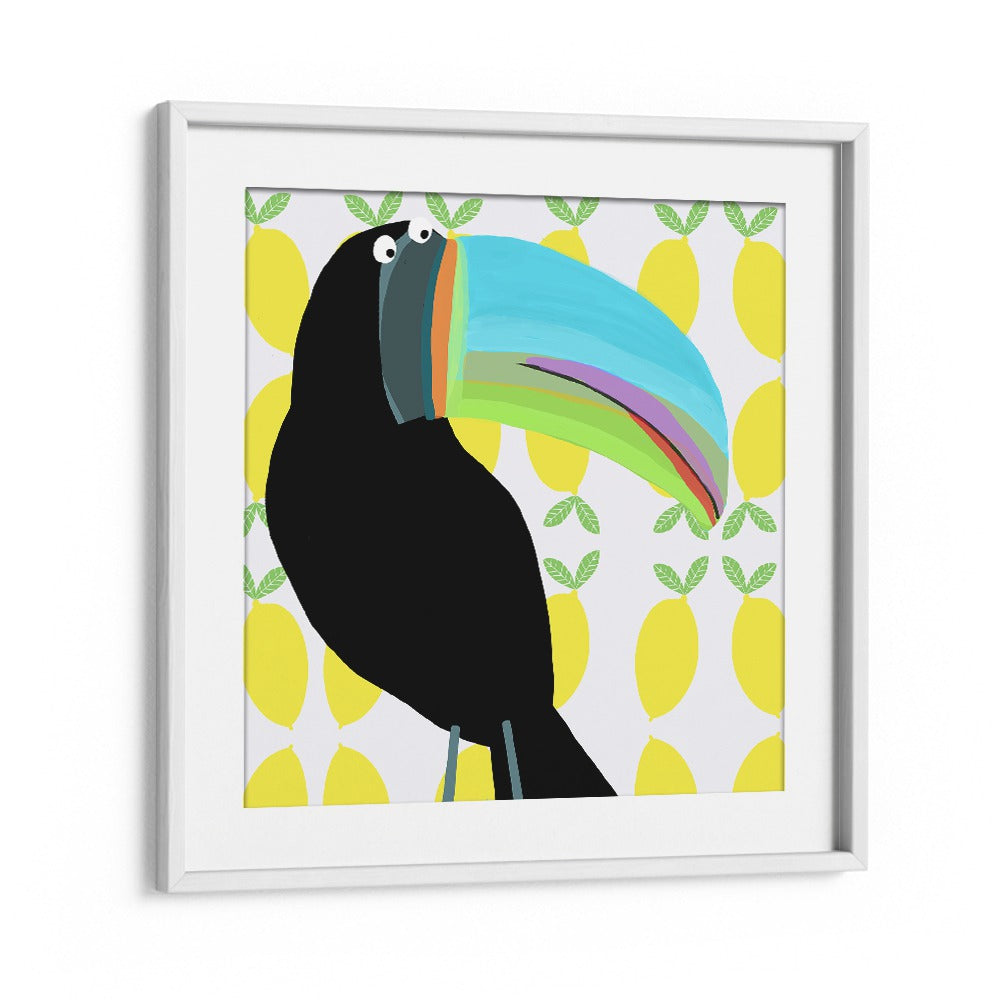 Tropical Toucan Bird With Lemon Pattern Background By Carla Daly Kids Room Art in White Frame With Mount