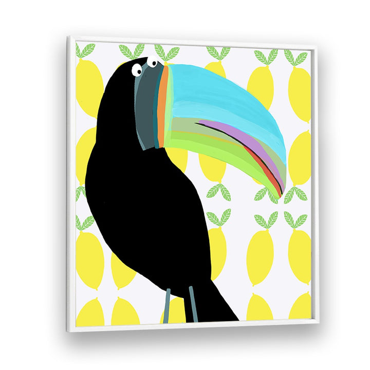 Tropical Toucan Bird With Lemon Pattern Background By Carla Daly Kids Room Art in White Plain Frame