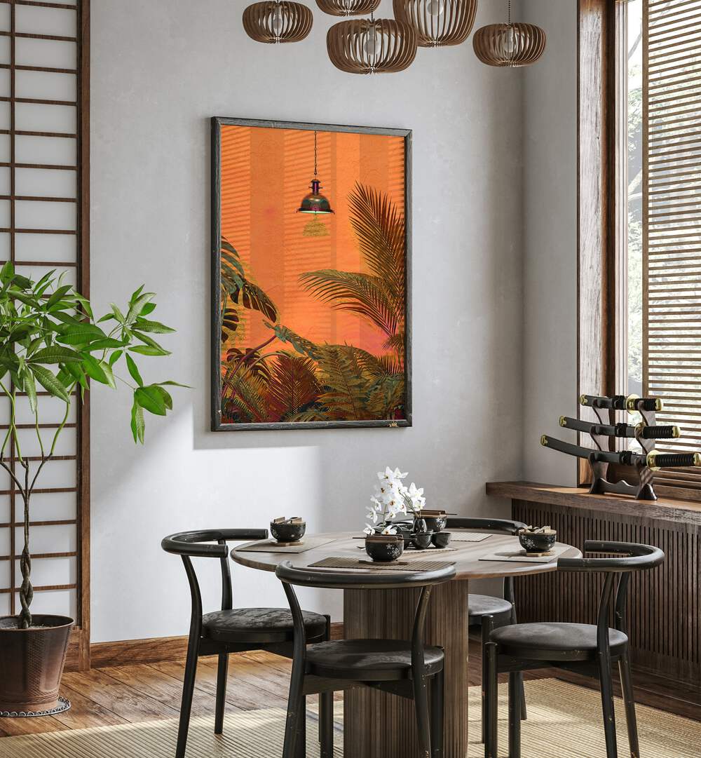 Tropical Wall By Cosmo Zach Surreal Art Prints Surrealism in Oak Wood Plain Frame on a wall behind a dining table