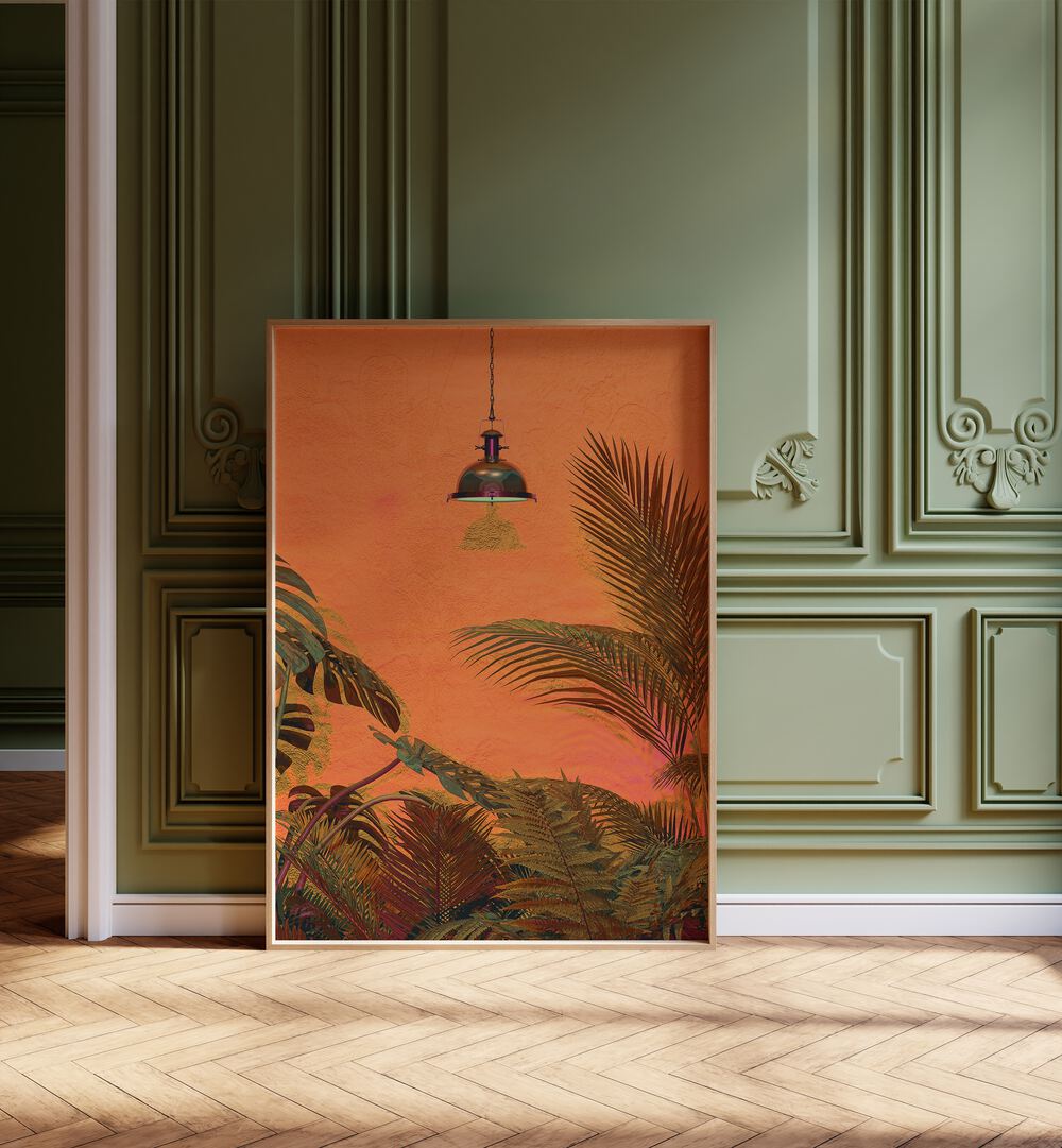 Tropical Wall By Cosmo Zach Surreal Art Prints Surrealism in Oak Wood Plain Frame placed on a floor beside a window