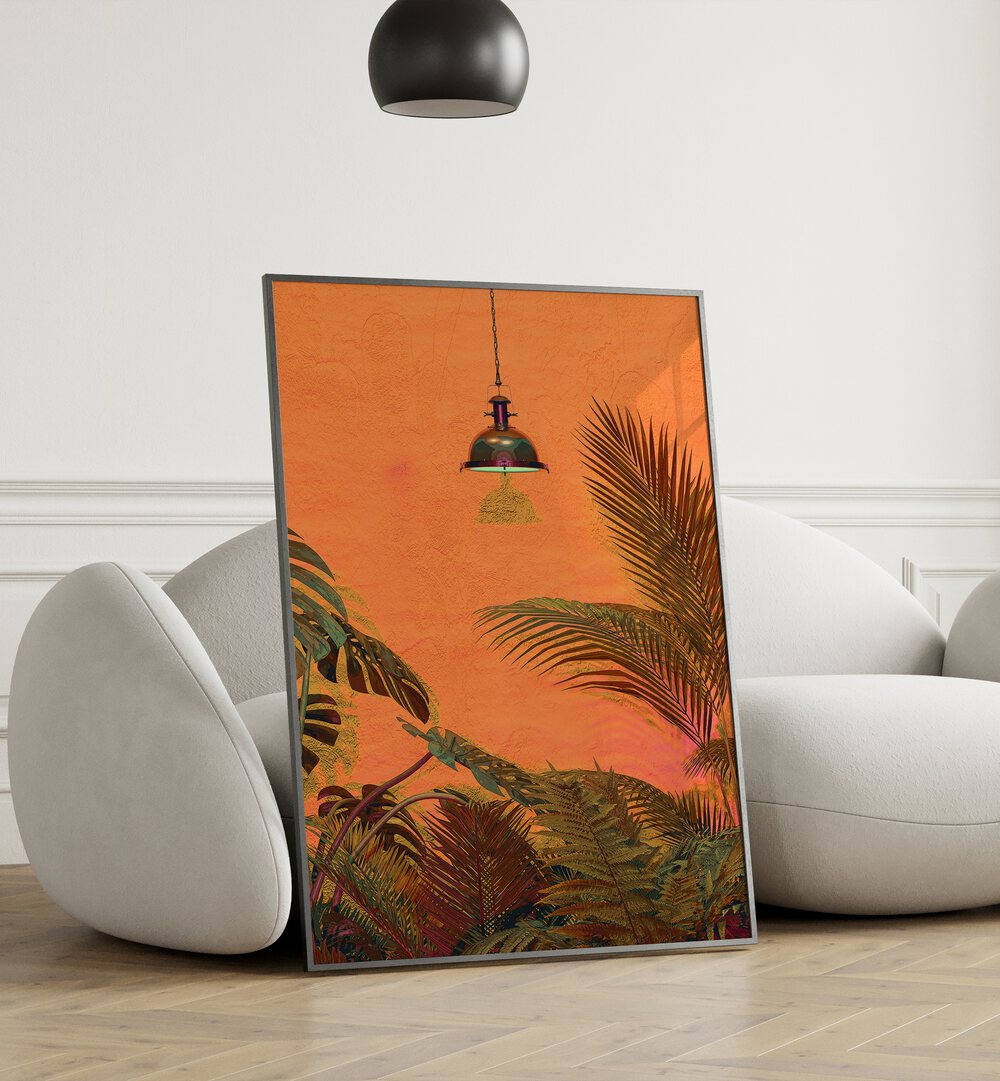 Tropical Wall By Cosmo Zach Surreal Art Prints Surrealism in Black Plain Frame placed on a floor beside a sofa