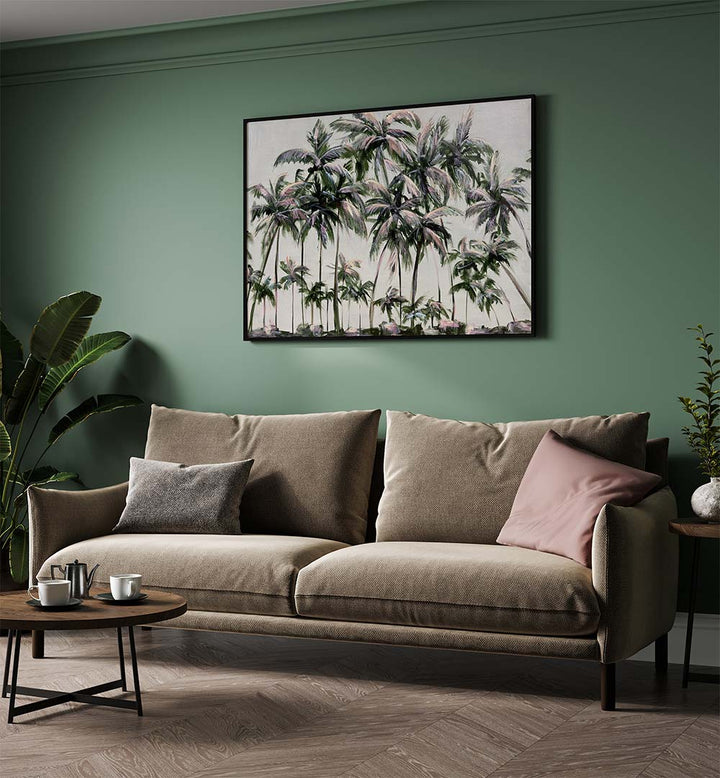 Vibrant TROPICAL PALM TREES, BEACH PAINTINGS adorn a serene living room, perfect for beach lovers.