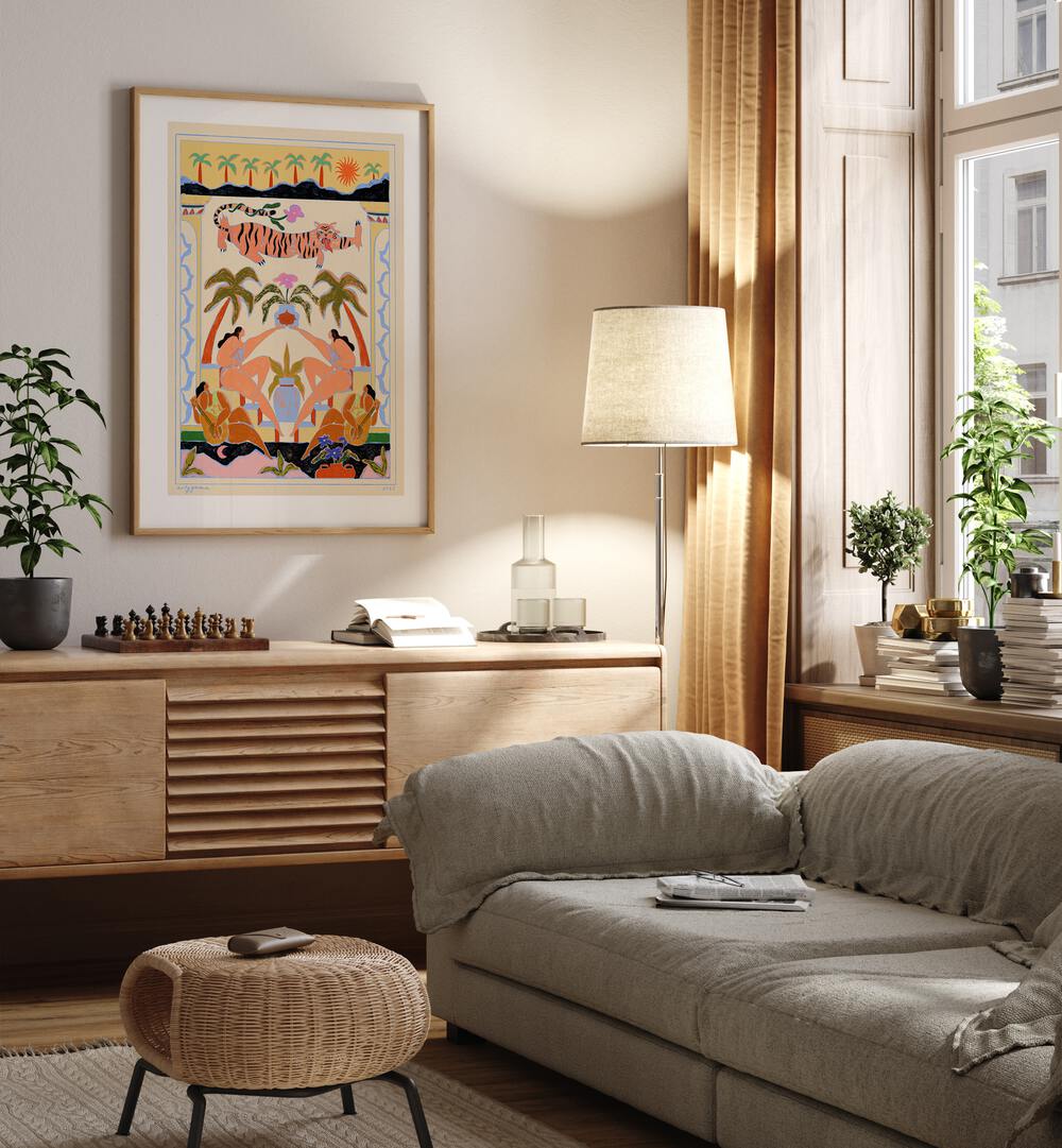 Vibrant TROPICANA, PORTRAITS wall art by Arty Guava brightening a cozy living space with tropical flair.