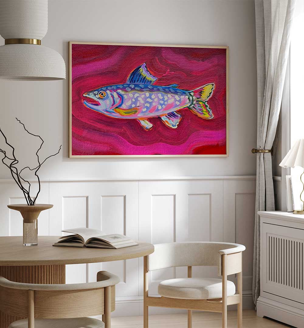 Vibrant painted trout on magenta canvas above dining table — TROUT , KITCHEN POSTERS coastal minimalist kitchen art