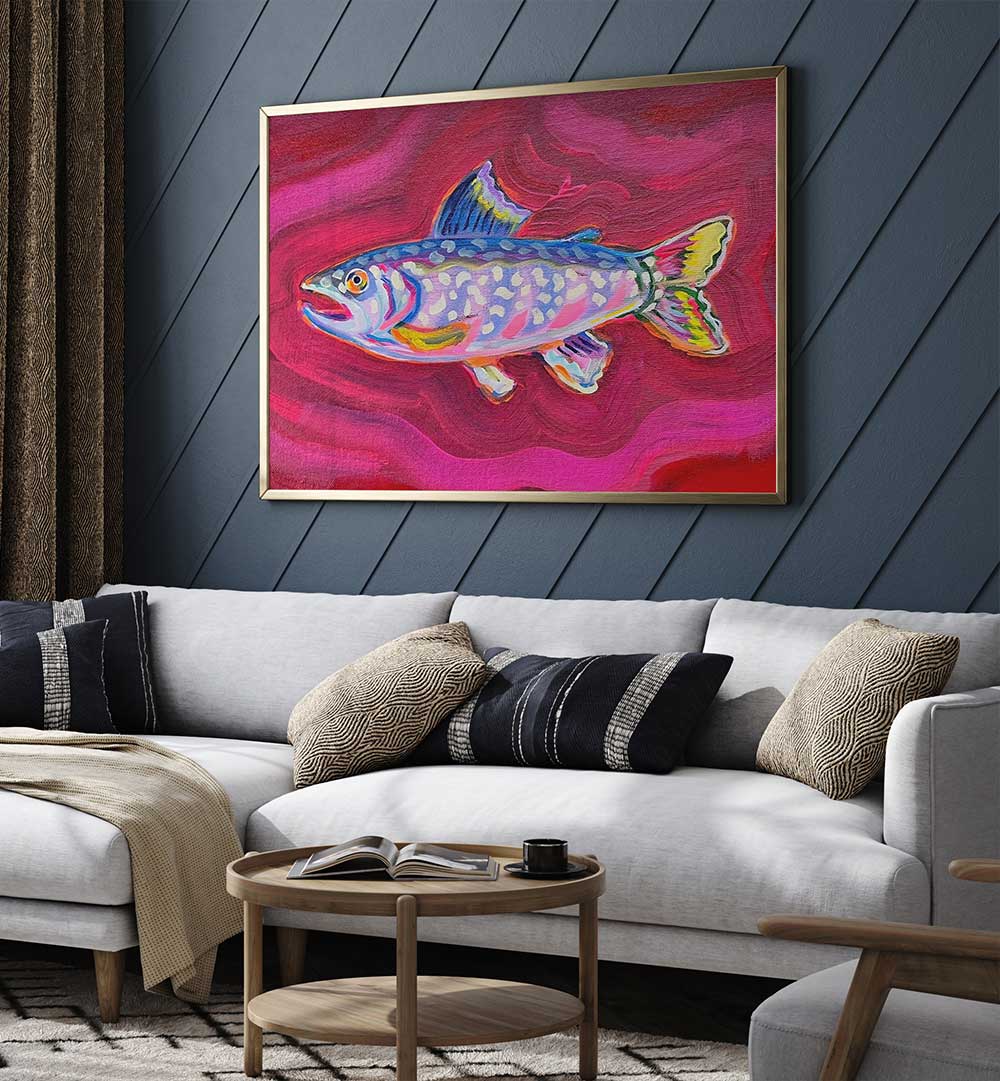 TROUT , KITCHEN POSTERS vibrant multicolor trout on pink background framed over modern sofa, coastal kitchen decor