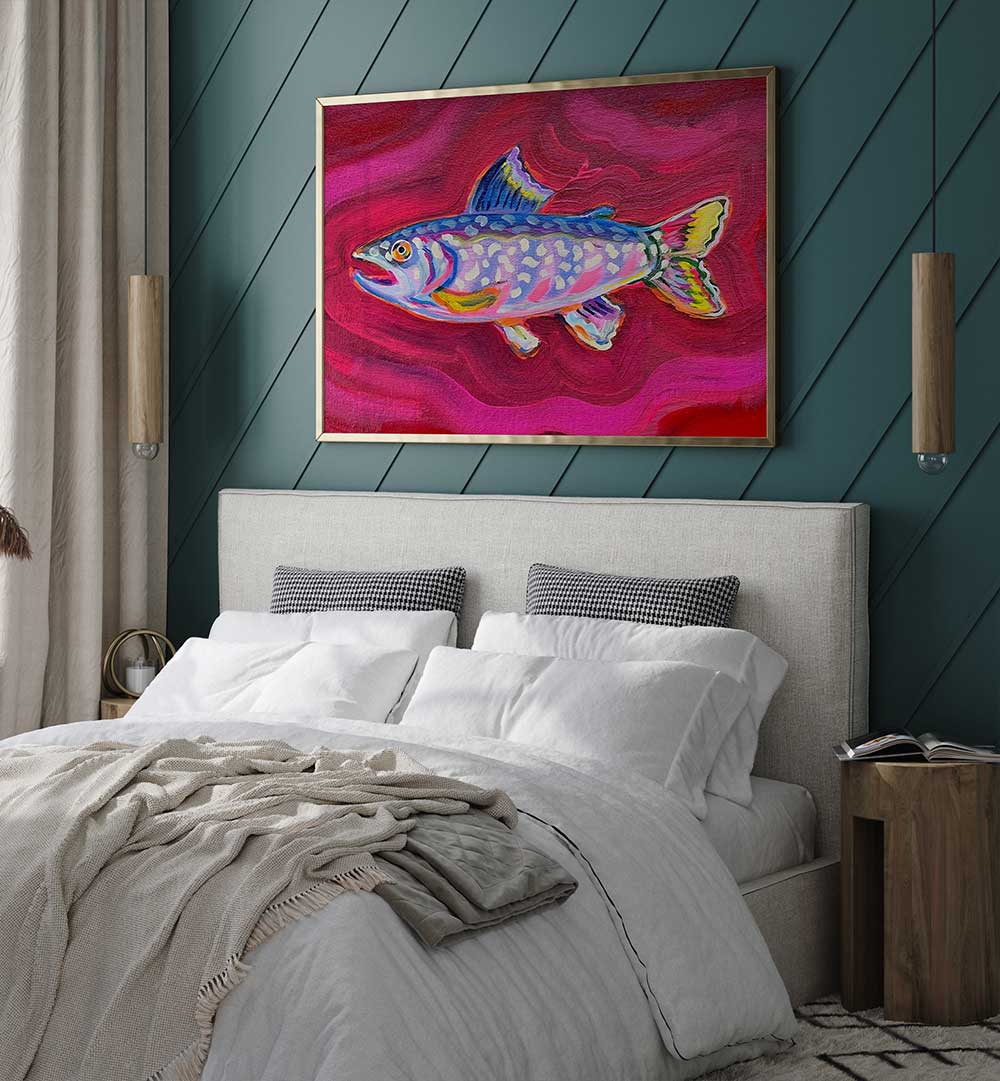 Vibrant framed trout artwork above bed in coastal bedroom, minimalist seafood print — TROUT , KITCHEN POSTERS