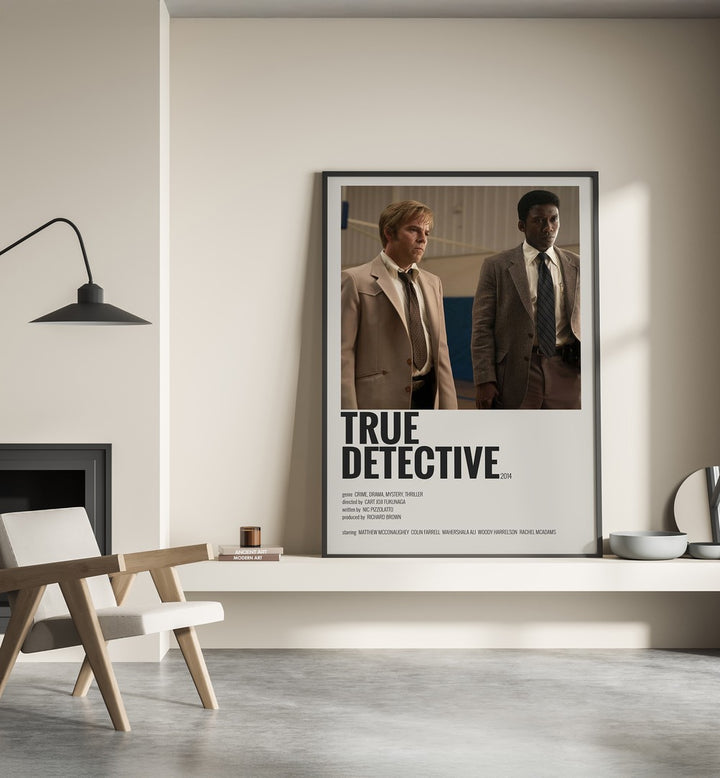 True Detective 2014 Movie Posters in Black Plain Frame placed on a shelf beside a hearth