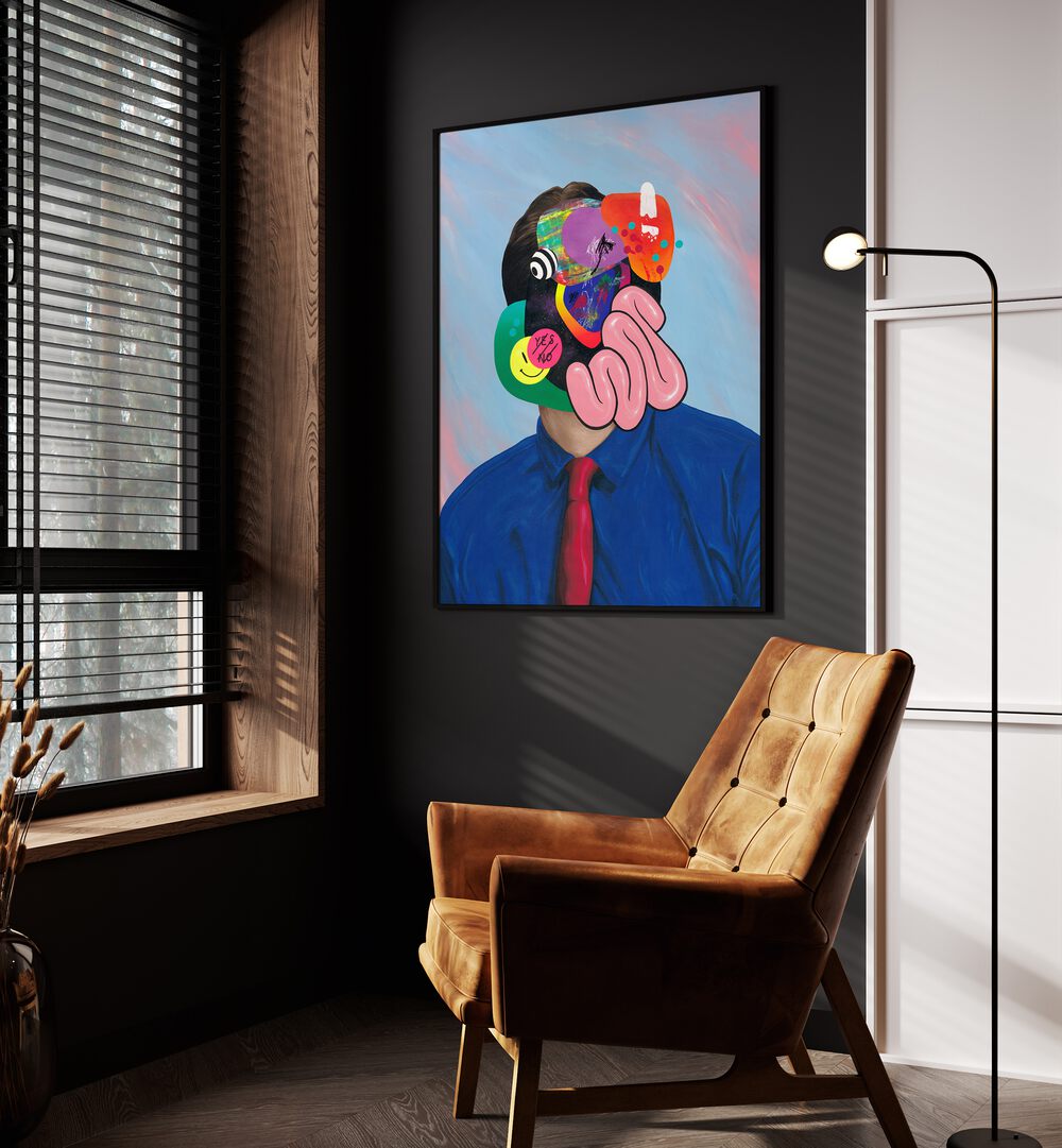 Trying Too Hard to Look Busy by Famous When Dead Pop Art Paintings Pop Art Prints in Black Plain Frame placed on a wall beside an orange sofa and a window