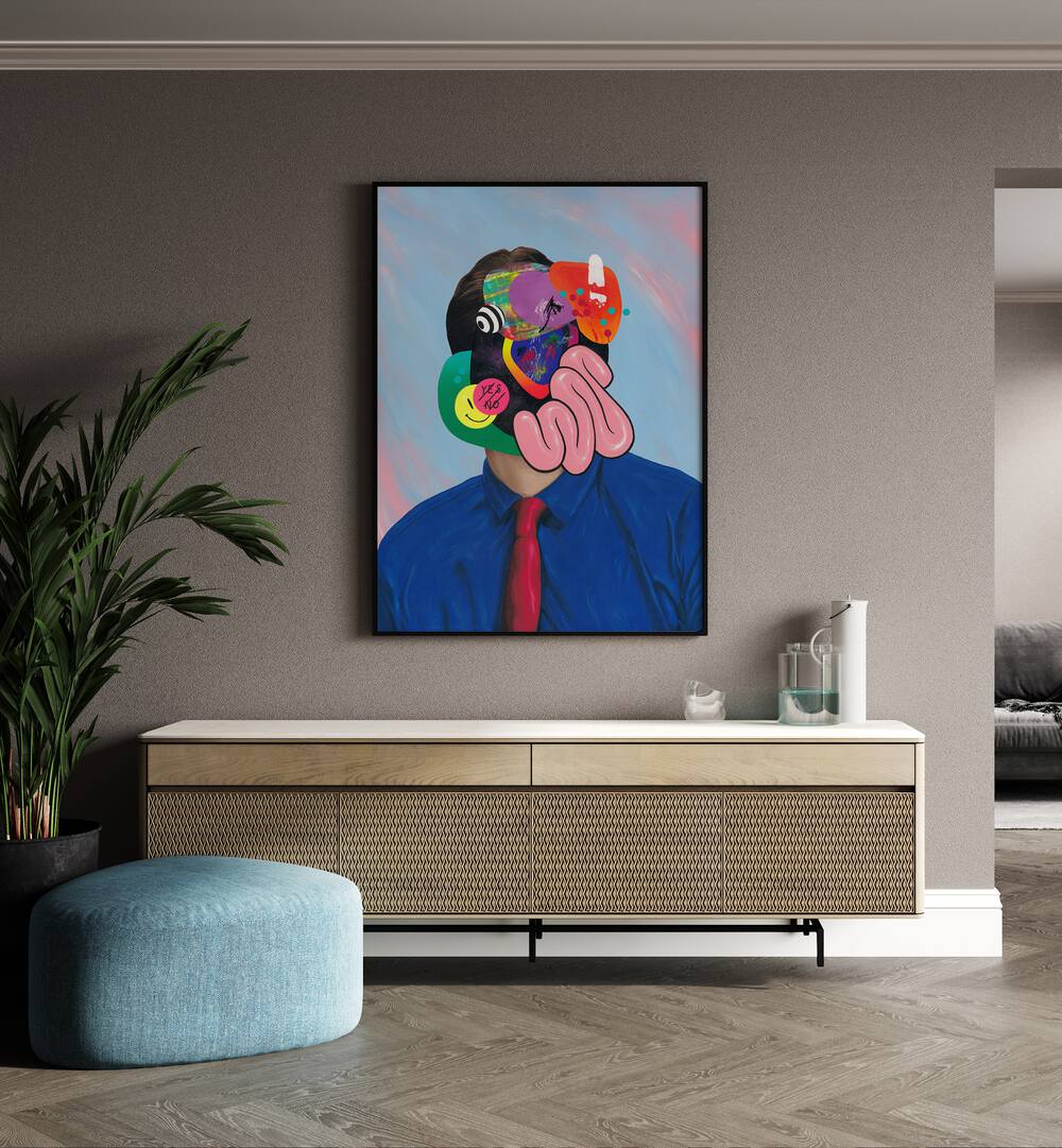 Trying Too Hard to Look Busy by Famous When Dead Pop Art Paintings Pop Art Prints in Black Plain Frame placed on a wall behind a console table