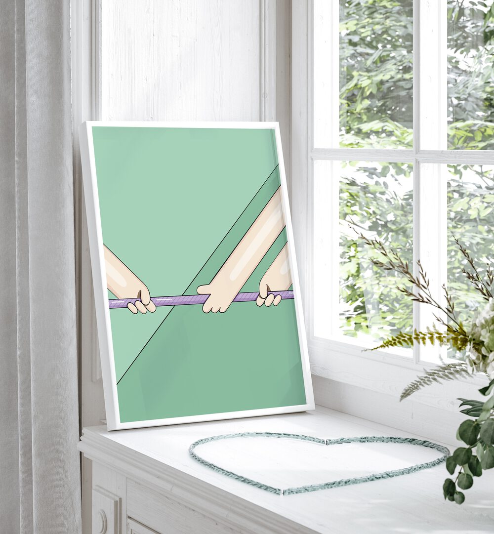 Tug Of War By Samridhi Sharma Gaming Posters in White Plain Frame placed on a Console Table