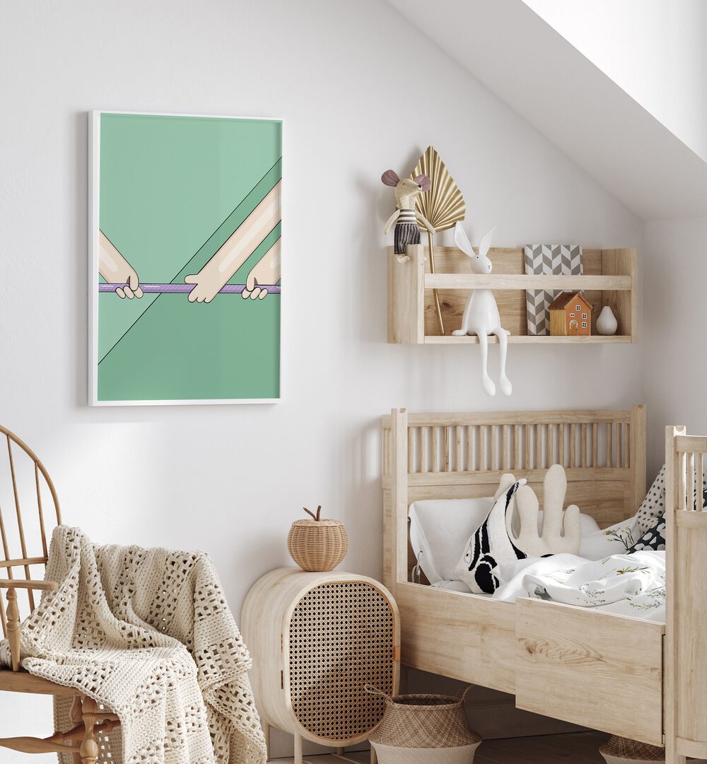 Tug Of War By Samridhi Sharma Gaming Posters in White Plain Frame placed on a White Colored Wall in the Kids Room