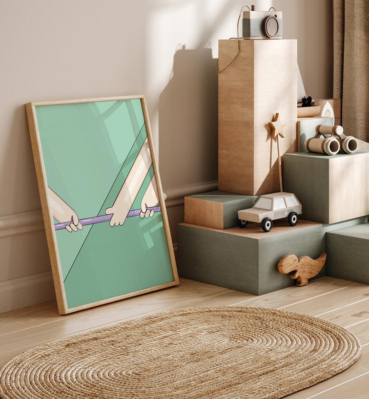 Tug Of War By Samridhi Sharma Gaming Posters in Oak Wood Plain Frame placed on a Wooden Floor in the Kids Room