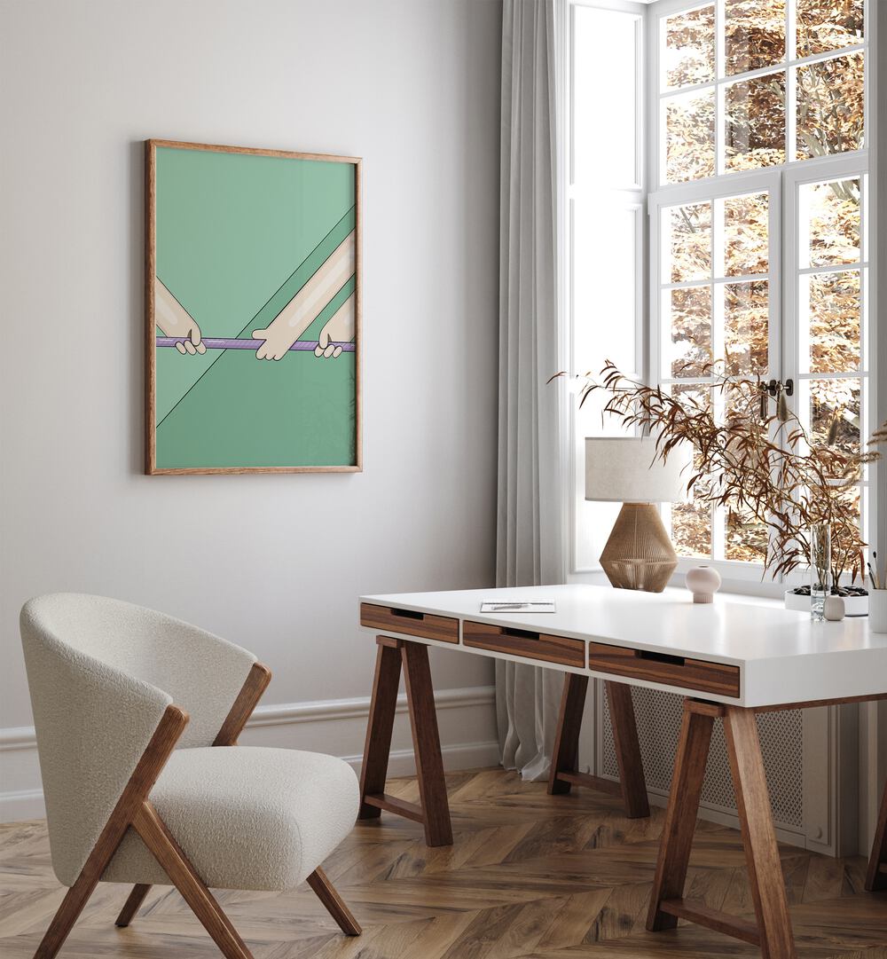 Tug Of War By Samridhi Sharma Gaming Posters in Oak Wood Plain Frame placed on a White Colored Wall near a Workspace in the Drawing Room