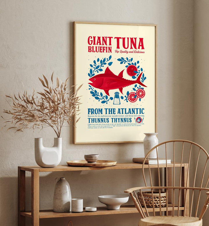 Tuna Kitchen Print by Studio Mandariini Kitchen Posters Kitchen Art Prints in Oak Wood Plain Frame placed on a wall behind a table