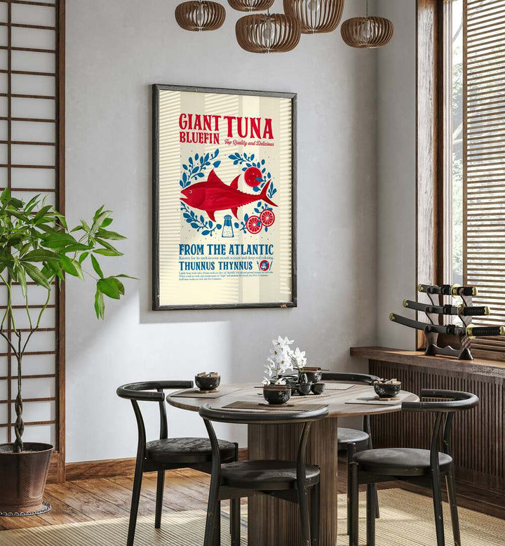 Tuna Kitchen Print by Studio Mandariini Kitchen Posters Kitchen Art Prints in Black Plain Frame placed on a wall in a dining room area beside a window and behind a dining table