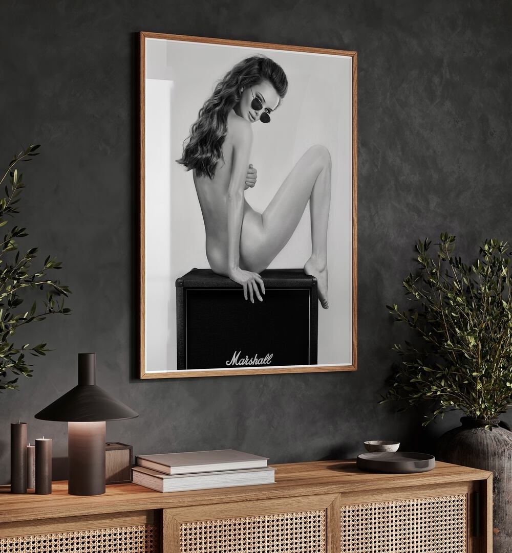 Turn Me on the Road by David Drake Fine Art Photography Fashion Photography in Oak Wood Plain Frame placed on a wall behind a console table